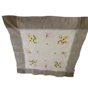 VTG Small Hand-Embroidered Floral Linen Tablecloth Table Top Decor cottage core